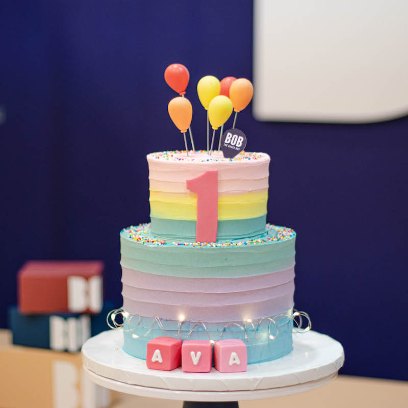 Rustic Pastel Rainbow with Balloons and Name Cubes